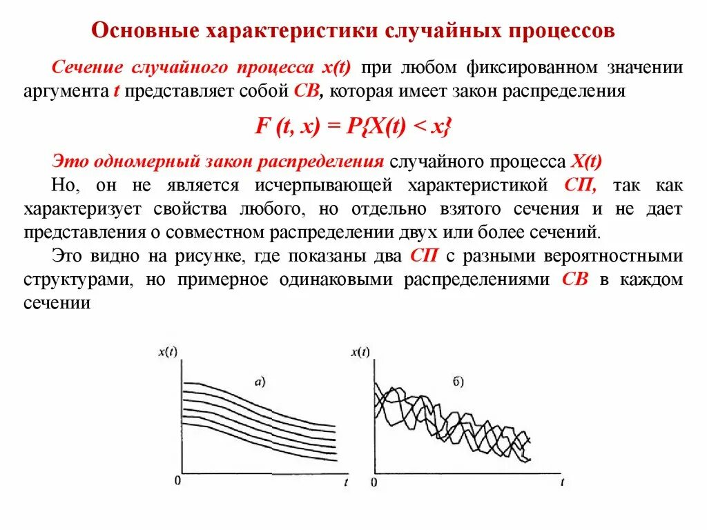 Понятие сечения случайного процесса. Основные характеристики случайных процессов. Закон распределения сечения случайного процесса. Реализация и сечение случайного процесса. Случайные функции времени