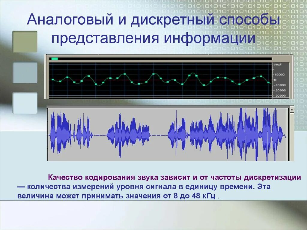 Дискретное представление звуковой информации. Аналоговый и дискретный способы представления звука. аналоговый и дискретный способ кодирования информации. звуковая информация аналоговая и дискретная. звуковая информация это в информатике.