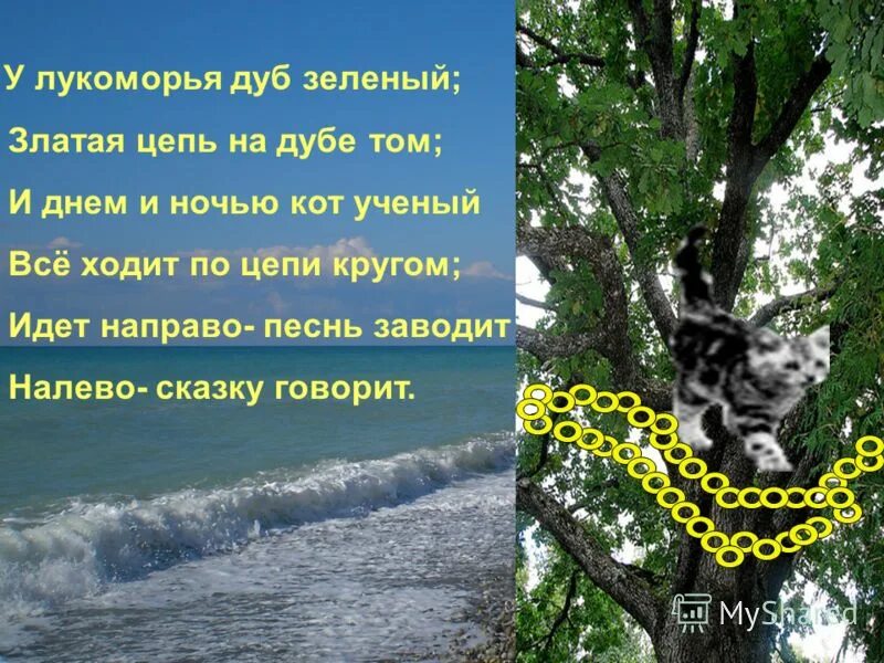 У Лукоморья дуб зеленый златая цепь. У Лукоморья дуб зеленый кот ученый. У Лукоморья дуб зеленый зеленый дуб на дубе том. У Лукоморья дуб зеленый цепь на дубе. Стихотворение на дубе том