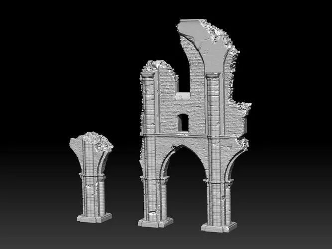 Ancient cathedral. Ruins 3d model. puppets war ruined cathedral.