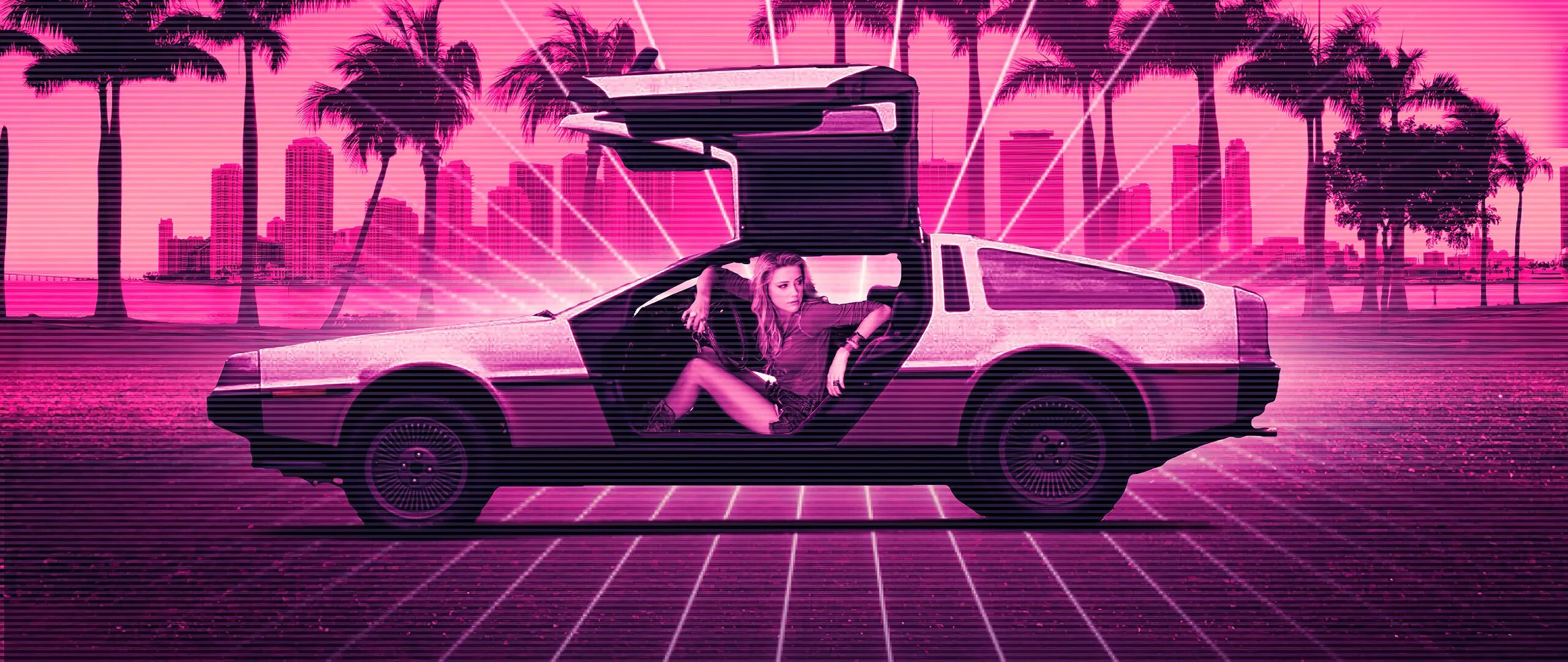 Делориан. Делориан из назад в будущее. Miami фон. Обои на рабочий стол Retro Wave.