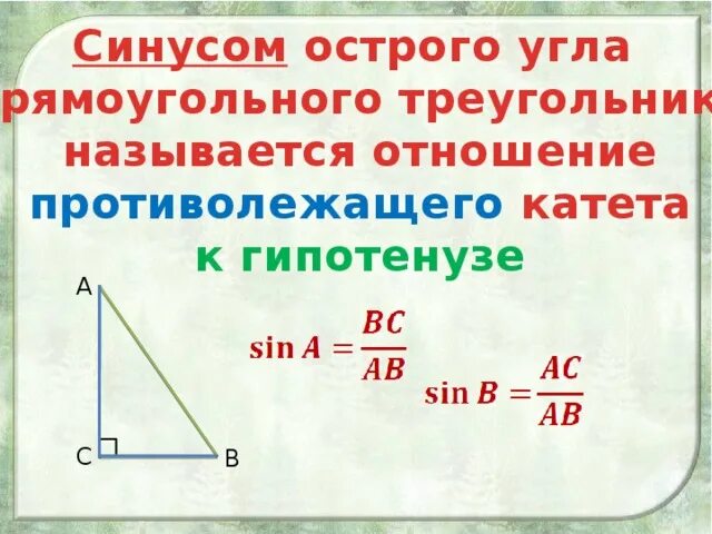 Синус острого угла прямоугольного треугольника. Отношение противолежащего катета к гипотенузе. Противолежащий угол в прямоугольном треугольнике. Синус острого угла а треугольника называется. Что называют синусом угла прямоугольного треугольника