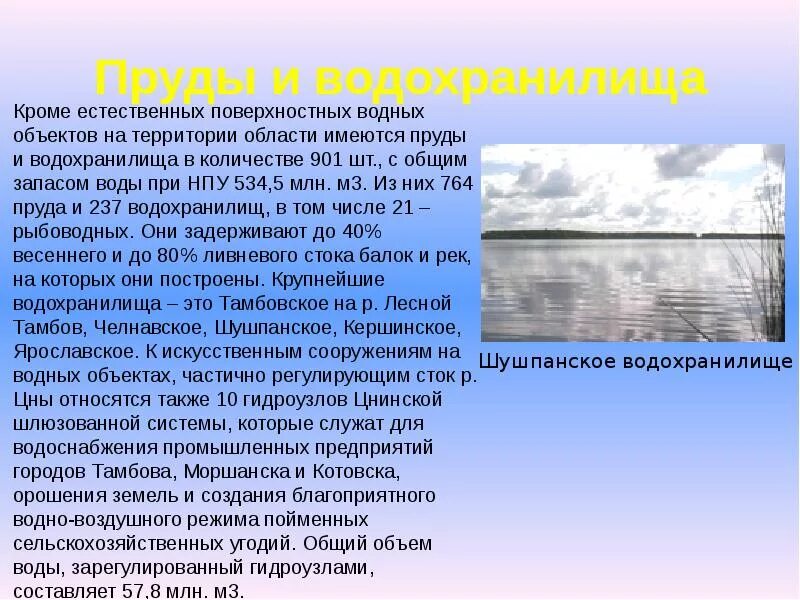 Доклад о водоемах. Сообщение на тему водоемы. Сообщение на тему водохранилище. Водные ресурсы Тамбовской области.