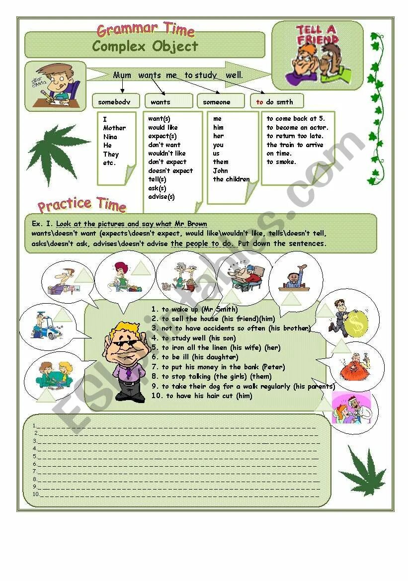 Complete the sentences using complex object. Комплекс обджект упражнения. complex object в английском worksheets. complex object грамматика. complex subject упражнения.