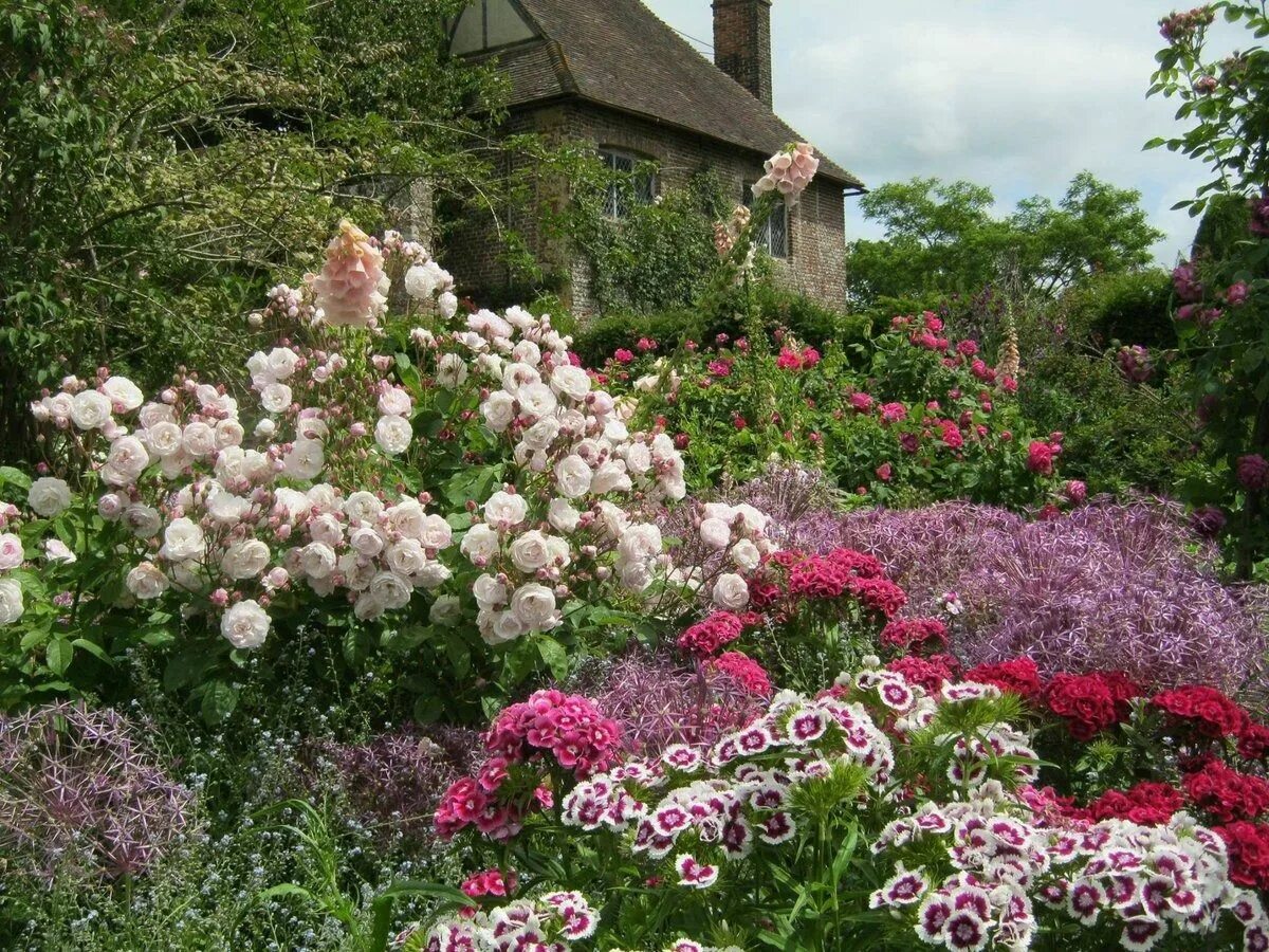 There are many flowers in the garden. Sissinghurst castle garden цветы. &quot;sissinghurst castle роза. замок сиссингхерст, кент, великобритания. белый сад виты саквилл вест.