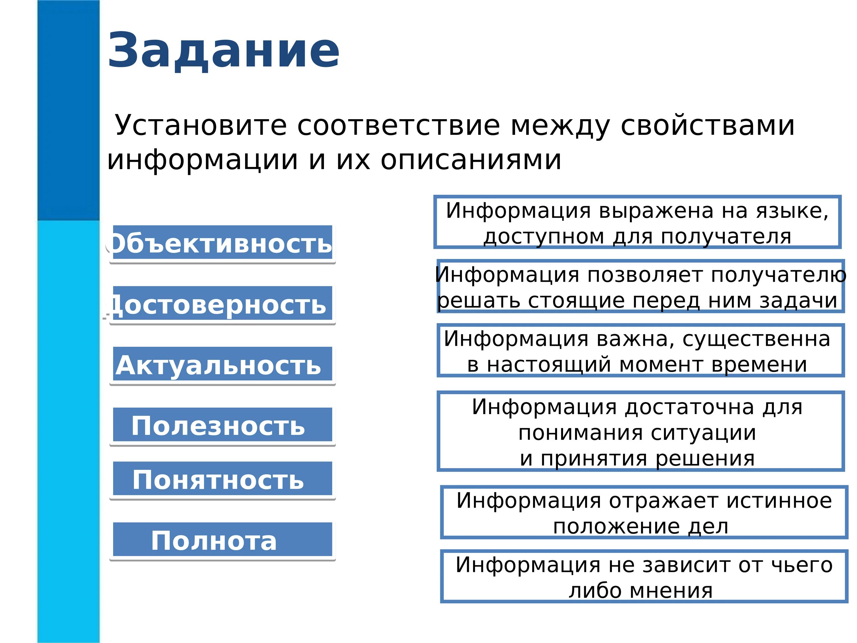 Установите соответствие информатика 7 класс. Свойства информации задания. Объективность достоверность актуальность. Установите соответствие между свойствами информации и их описаниями. Актуальность достоверность полнота полезность объективность это.