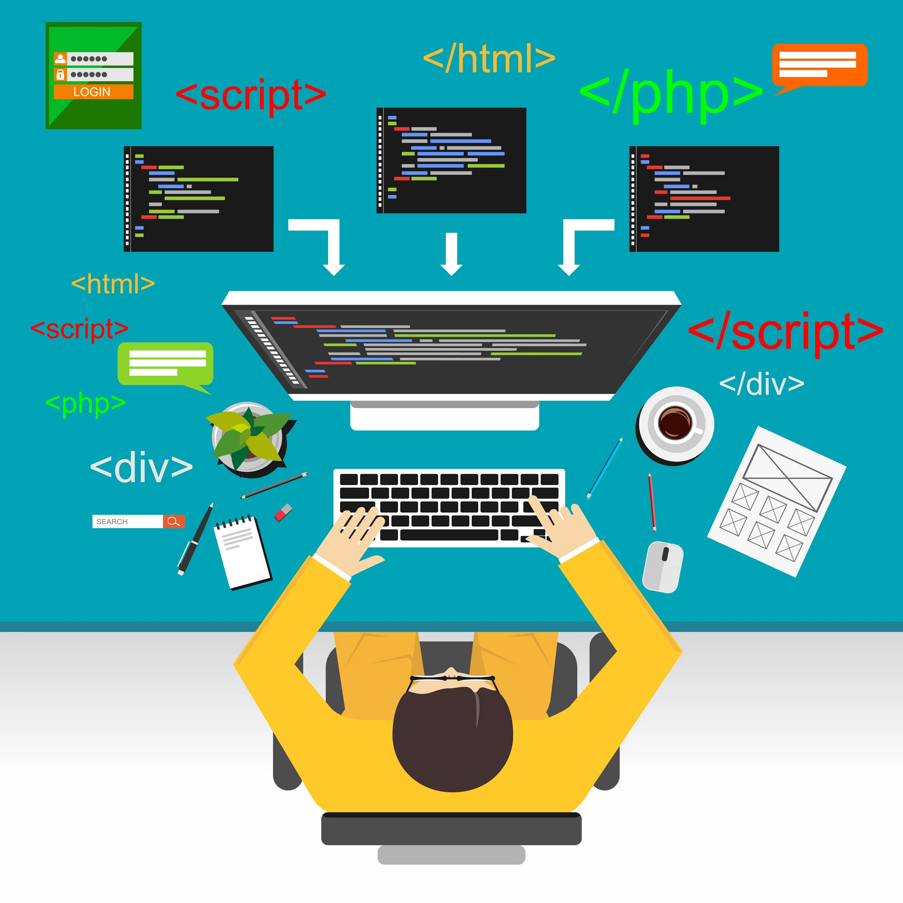 Programming devices. Programming. web design code. programmer logo. cscript.