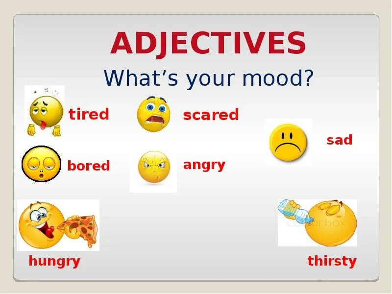 Как переводится hungry. Sad bored Angry scared tired hungry. Angry, bored, Happy, hungry, Sad, scared, tired. Прилагательные английский Sad. Смайлики английские прилагательные.