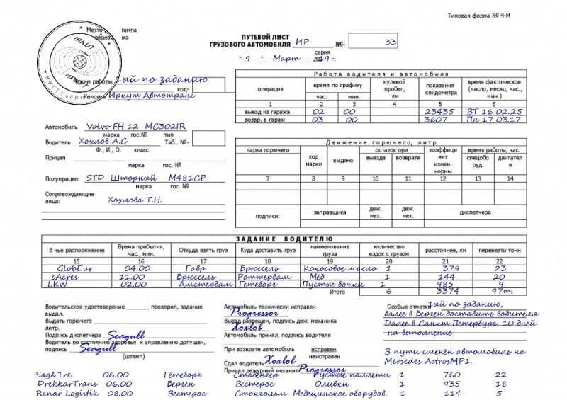 Таблица путевых листов