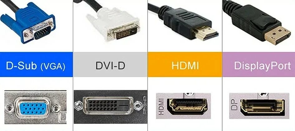 Как лучше подключить монитор hdmi или displayport. Разъемы vga dvi hdmi. dvi hdmi displayport d-sub. vga, dvi, hdmi и displayport сравнение. vga dvi hdmi как выглядят.