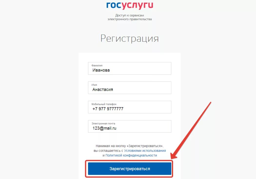 Образец регистрации на госуслугах