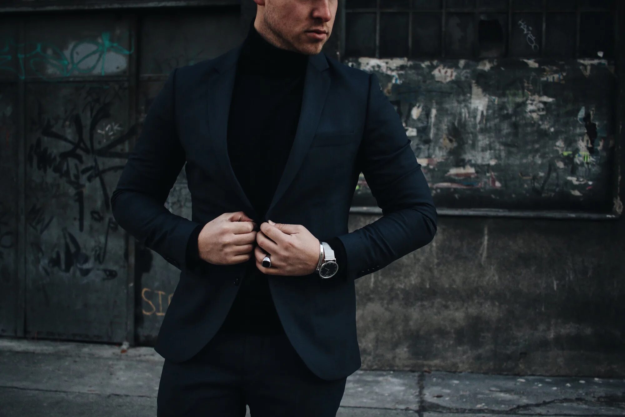 Suit with Turtleneck. Black Suit Red Turtleneck. Half Classic Suit.