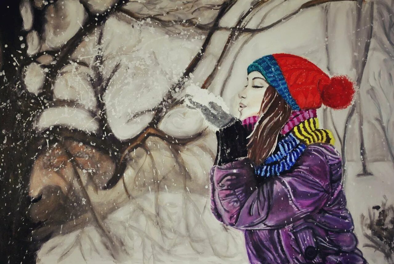 Рисунки зимних девушек. Нарисованные девушки зимой. Нарисовать девушку зиму. Портрет на фоне зимнего пейзажа. Девушка зимой рисунок.