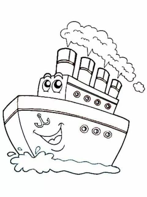 Small Ship and Sun coloring page for toddlers, transportation coloring pages pri