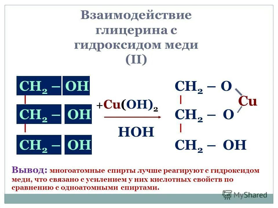 Гидроксид меди 2 реагирует с метанолом. Глицерин плюс гидроксид меди два. Взаимодействие с гидроксидом меди.