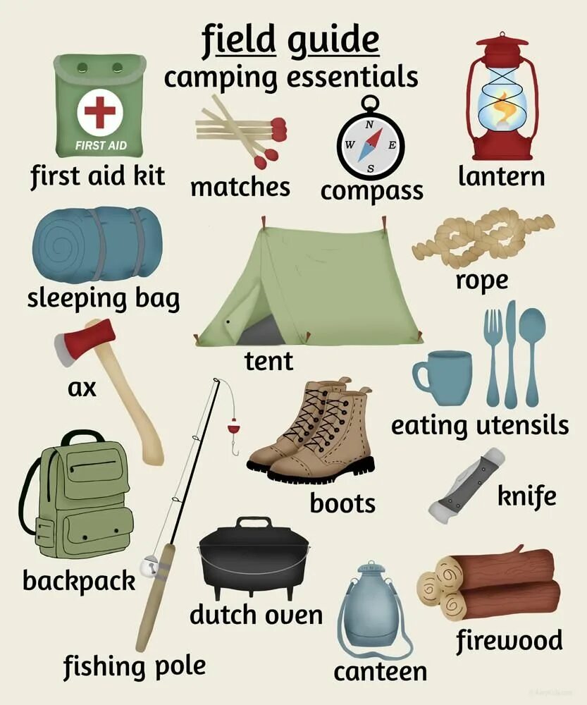 Camping vocabulary. Camping Essentials. Список вещей для кемпинга с детьми. Список всех необходимых вещей для кемпинга. Самые необходимые предметы в лагере.