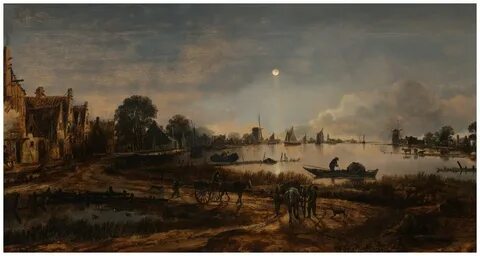 Репродукция на холсте Вид на реку при лунном свете Арт Ван дер Нер 114см. x 60см