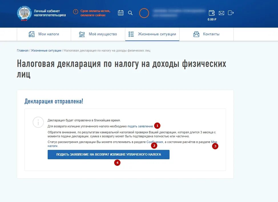Возвращено в личном кабинете налогоплательщика