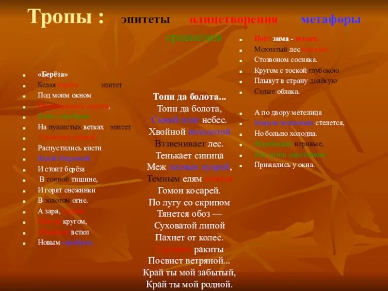 Тропы эпитеты олицетворения метафоры. Тропы в стихотворении. Тропы в стихотворениях Есенина. Есенин береза тропы.