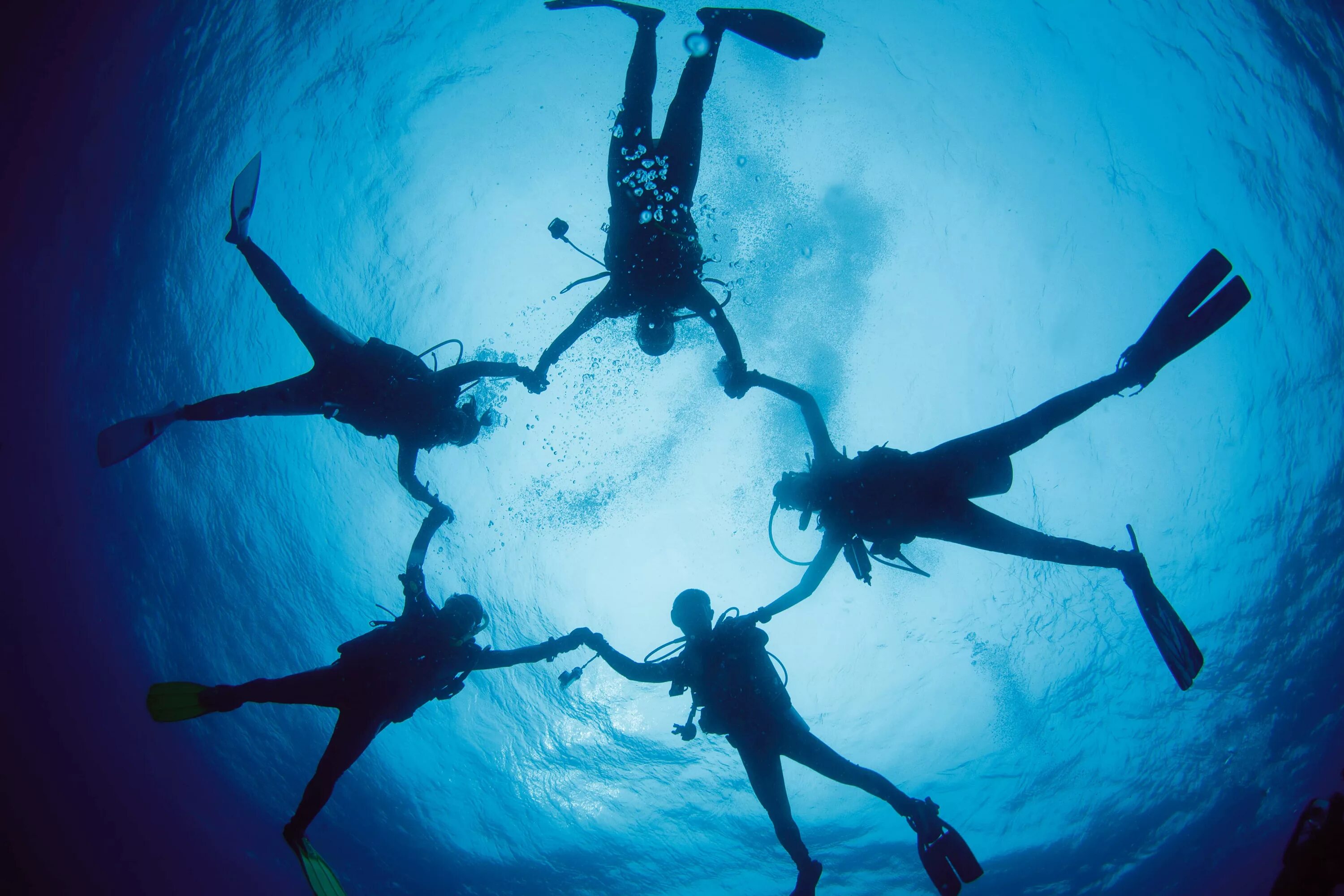 Погрузиться на дно океана. Погружение с аквалангом. Под водой. Подводные люди. Аквалангист под водой.