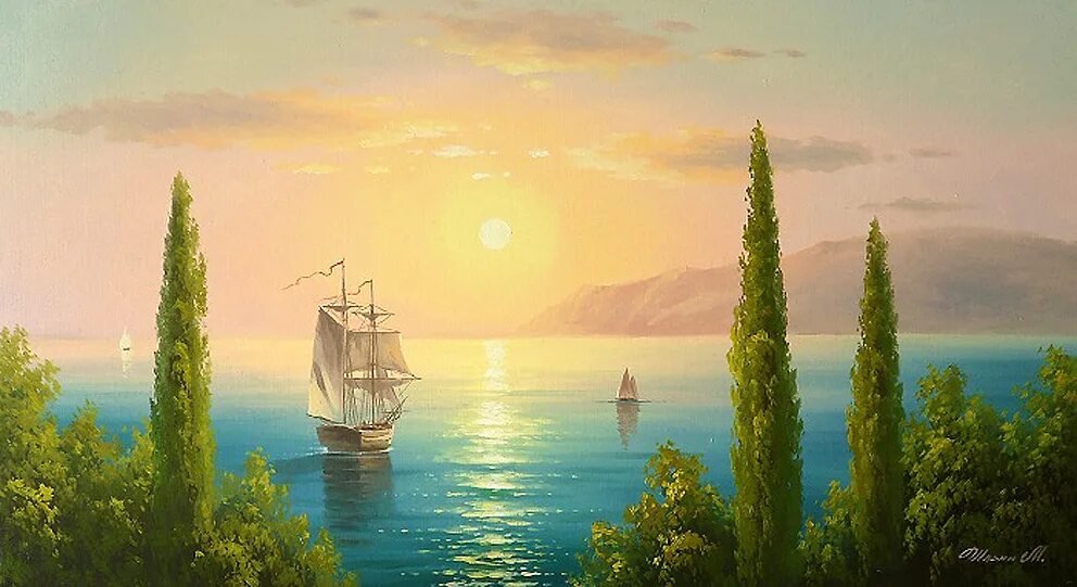 Художник нарисовал деревья море корабли. Художник маринист максим ильин. максим ильин крымский пейзаж. море на картинах георгия задорожнюка и максима ильина. художник задорожнюк георгий море.