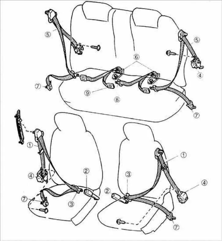 Как крепятся ремни безопасности. Крепление ремней безопасности ВАЗ 2101 схема. Крепление ремней безопасности ВАЗ 21099. Крепление задних ремней безопасности ВАЗ 2115. Схема крепления ремней безопасности ВАЗ 2107.