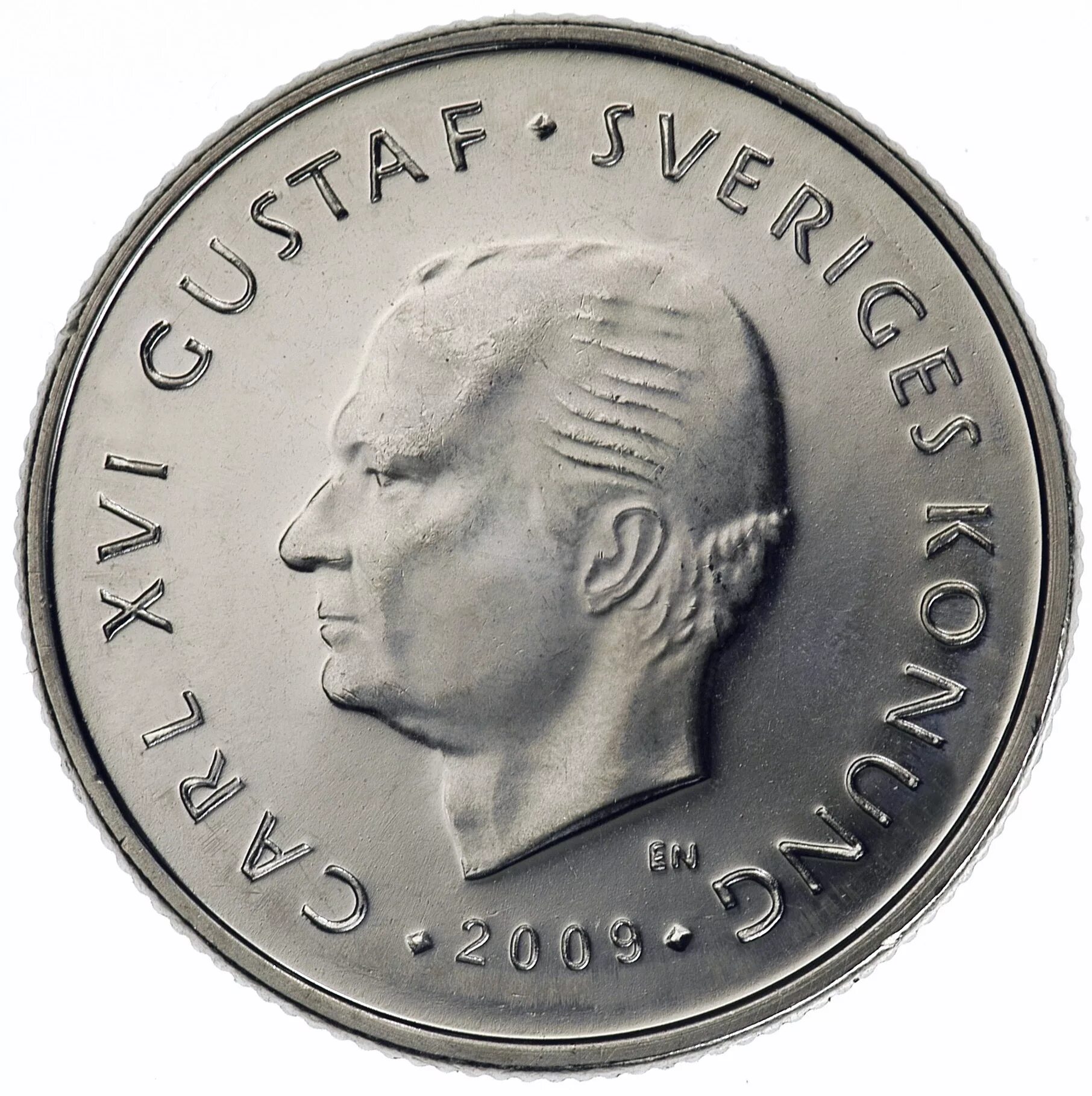 Шведская денежная единица. Монета Carl XVI Gustaf Sverige 2009. 1 Крона Швеция.