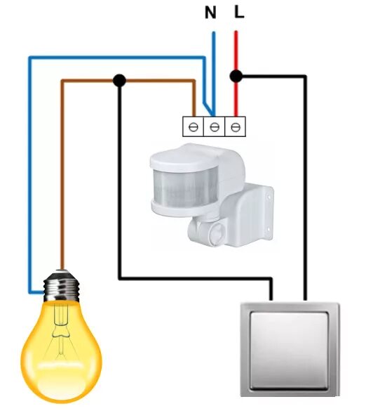 Лампочка через датчик движения. Как правильно подключить датчик движения через выключатель. Схема подключения проходного датчика движения. Схема подключения датчика движения к лампочке через выключатель 220в. Схема подсоединения датчика движения с выключателем для света.