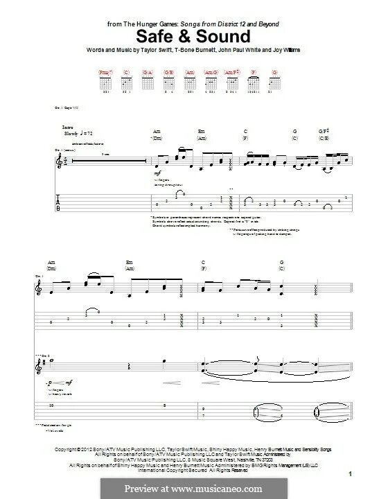 Песня safe and sound. Safe an sound табы. safe and sound ноты для гитары. taylor swift safe and sound табы для гитары.