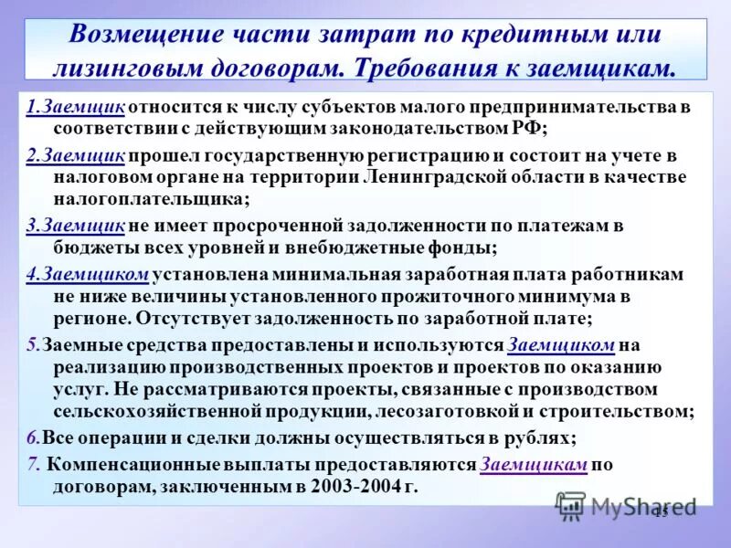 Малое предпринимательство компенсация по кредитам. Возмещение части расходов