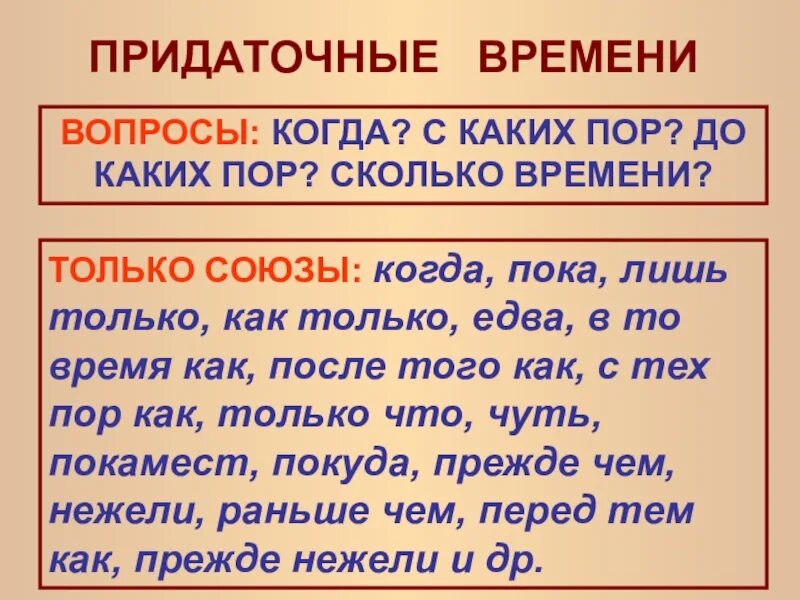 Придаточное времени. Придаточные предложения времени. Придаточное времени вопросы. Союзы придаточного времени.