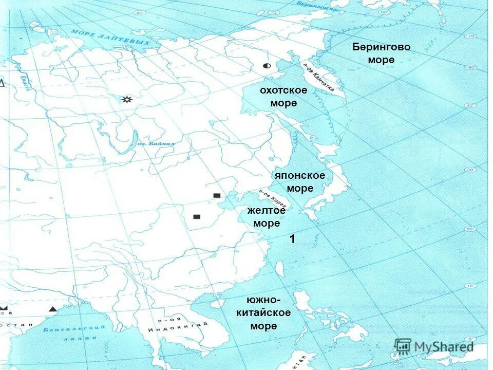 Восточно китайское на карте. Карта морей. Моря на контурной карте. Заливы и проливы. Японское и Берингово море.