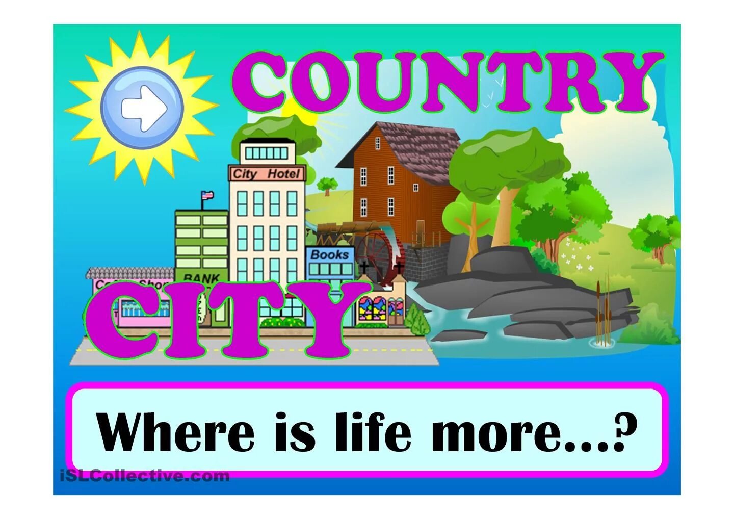 Living in city or countryside. Life in the countryside vs. Life in the City. City Life and Country Life. City or Country Life. City and countryside.