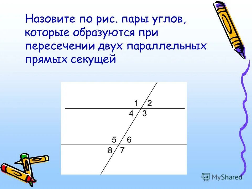 При пересечении секущей 2 прямые. Пары углов которые образуются при пересечении секущей. Секущая. Углы при пересечении прямых. Углы образованные при пересечении двух параллельных прямых.