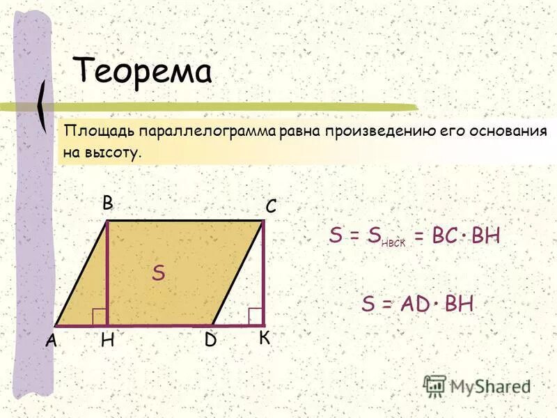 Равна произведению периметра основания на высоту. Формула площади параллелограмма 8 класс. Теорема о площади параллелограмма 8 класс. Площадь параллелограмма доказательство 8 класс. Площадь параллелограмма равна произведению основания на высоту.