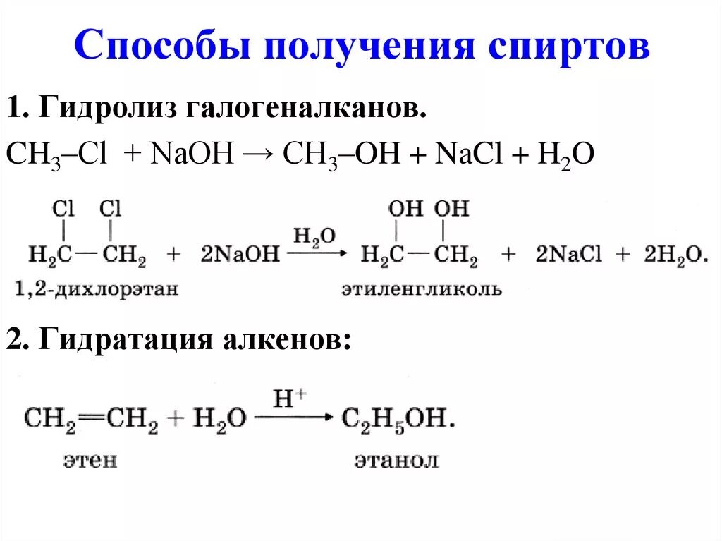 Вещества из которого можно получить этанол. Щелочный гидролиз спиртов. Способы получения спиртов (уравнения химических реакций. Гидролиз галогеналканов. Получение спиртов из галогеналканов.