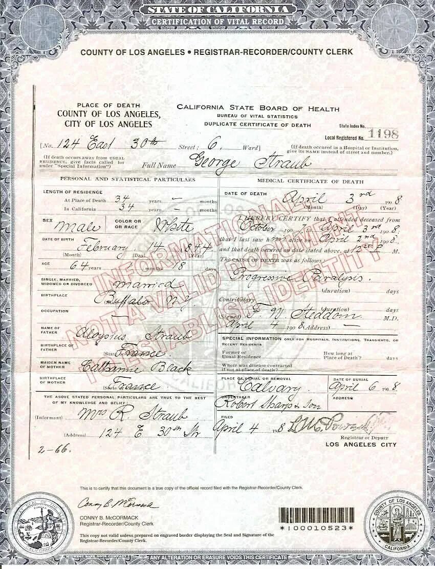 Свидетельство о смерти американского образца. Certificate of Death los Angeles. Certificate of Death County of los Angeles.