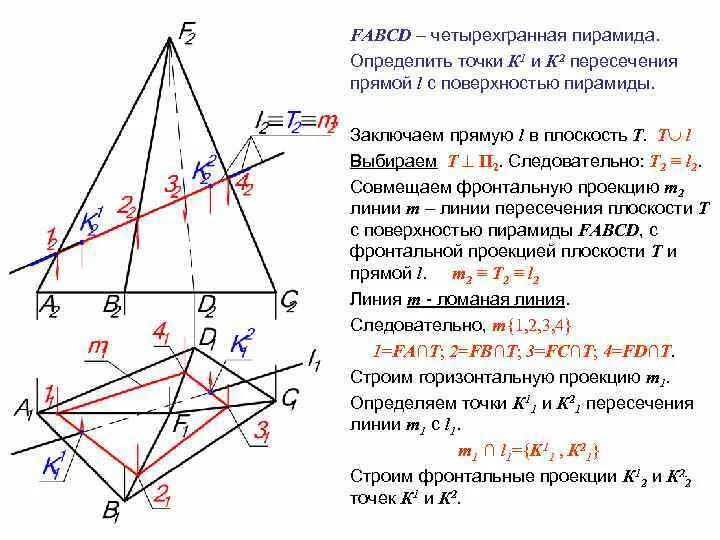 Определить точки пересечения прямой с поверхностью пирамиды. Точка к, принадлежащая поверхности пирамиды показана на рисунке. Проекции точек пересечения прямой с поверхностью пирамиды. Пересечение пирамиды плоскостью. Определение точек на поверхности