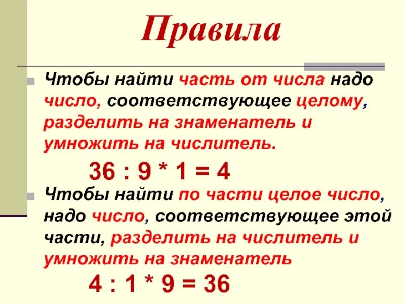 Вычисление части целого. Как найти часть от числа и число по части. Часть от числа и число по его части правило. Правило нахождения целого по его части числа по дроби. Как узнать дробную часть от целого числа.