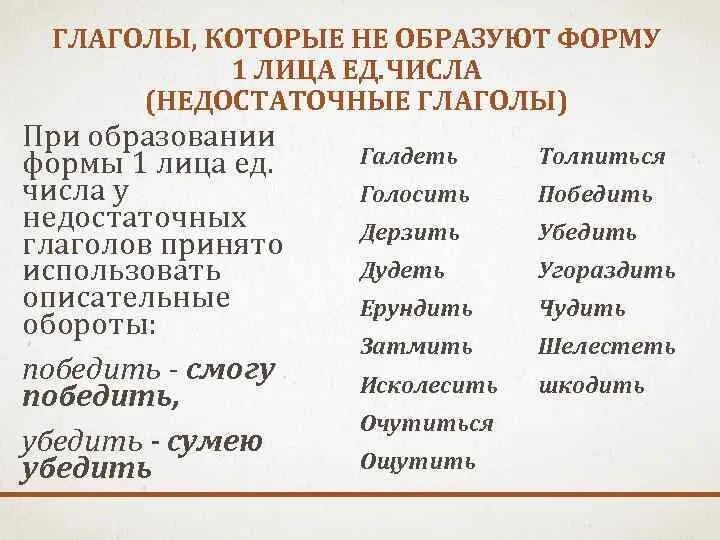 Какие слова подойдут к глаголу. Глаголы не имеющие формы 1 лица единственного числа. Глаголы которые не имеют формы 1 лица единственного числа. Глаголы которые не имеют формы 1 лица. Форма 1 лица ед числа.