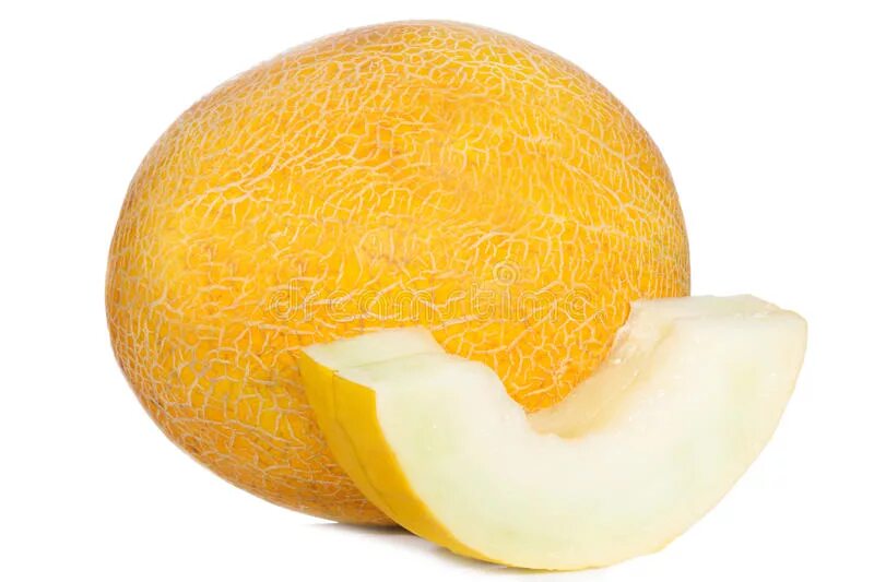 Дынно-желтый (melon yellow). Половина зрелой дыни. Дыня в разрезе на белом фоне. Дыня круглая желтая. Пол желтой дыни.