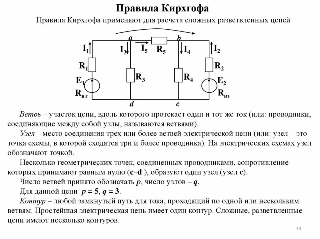 Ветвь на схеме электрической цепи. Параметры цепей постоянного тока ветвь узел контур. Расчёт разветвлённых электрических цепей. Правила Кирхгофа. Правило Кирхгофа для контура.