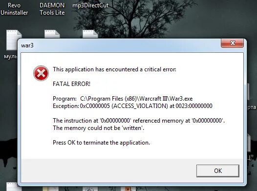 Ошибка 003. Ошибка запуска Warcraft. Ошибка при запуске варкрафт 3. This application has encountered a critical Error Fatal Error Warcraft. Ошибка Warcraft 3 недостаточно оперативной памяти.