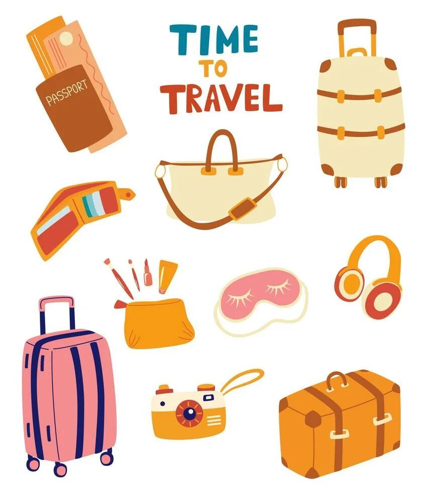 Наклейки на чемодан вектор. Items for Travel. Travel item vector.