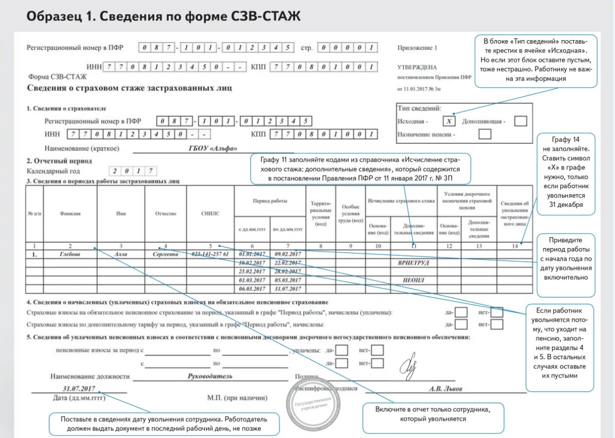 Форма сзв стаж образец