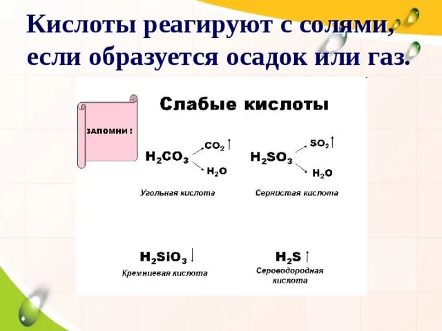 Кислоты реагируют с. Кислоты реагируют с солями если образуется осадок или ГАЗ. Осадок кислоты. Слабые кислоты реагируют с.