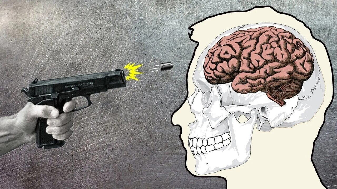 Мозги над головами. Выстрел в голову из пистолета.