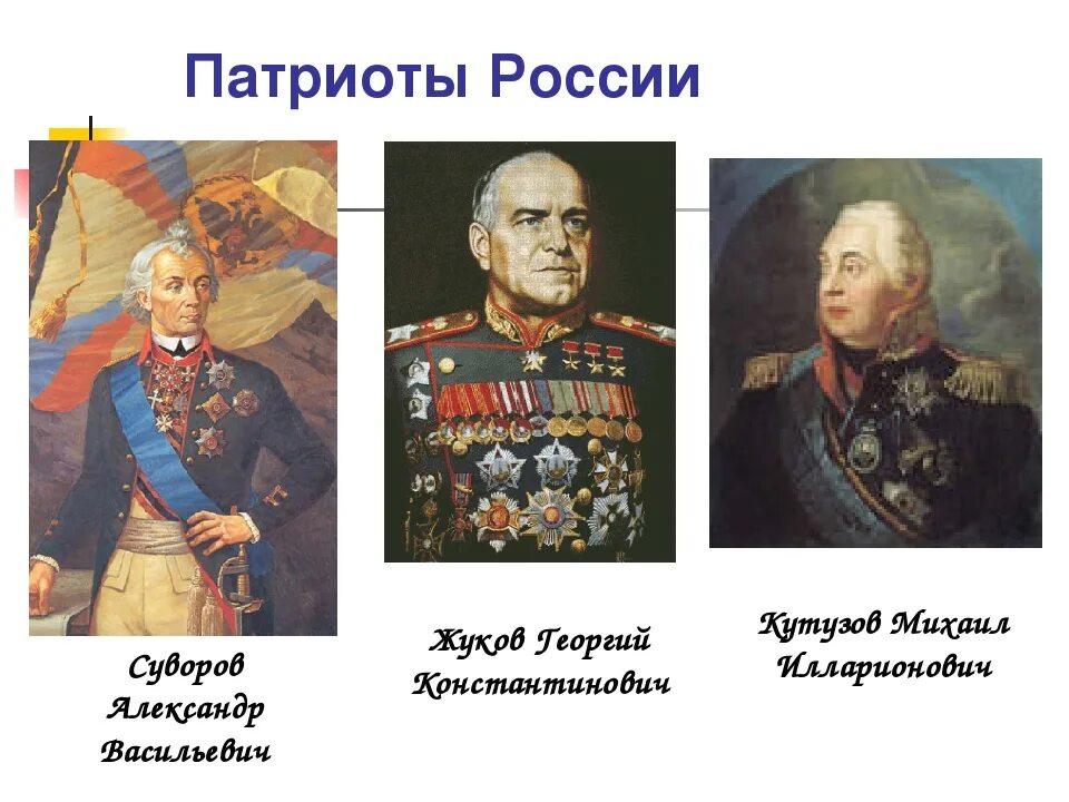 Примеры патриотизма 6 класс. Суворов Кутузов Жуков. Знаменитые Патриоты России. Патриоты нашей Родины.