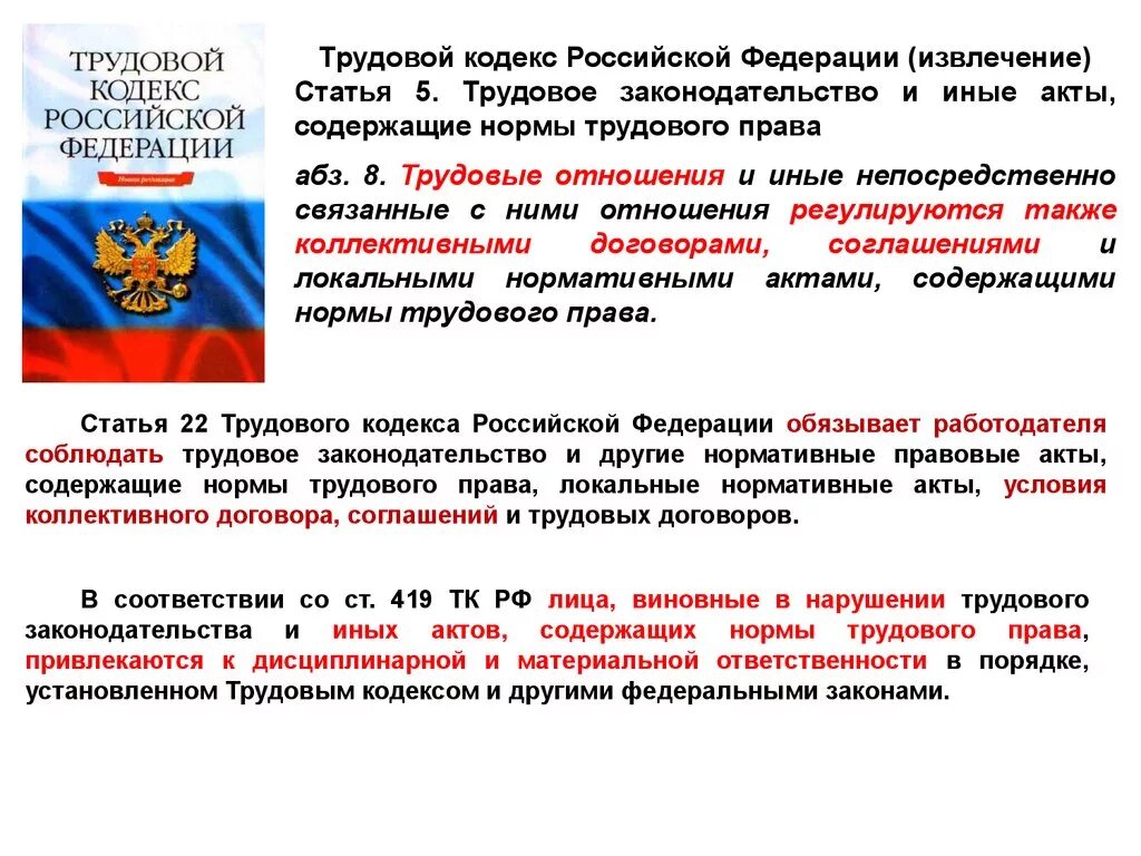 Нормы трудового законодательства РФ. Трудовое законодательство и иные акты содержащие нормы. Нарушение трудового законодательства и иных нормативных