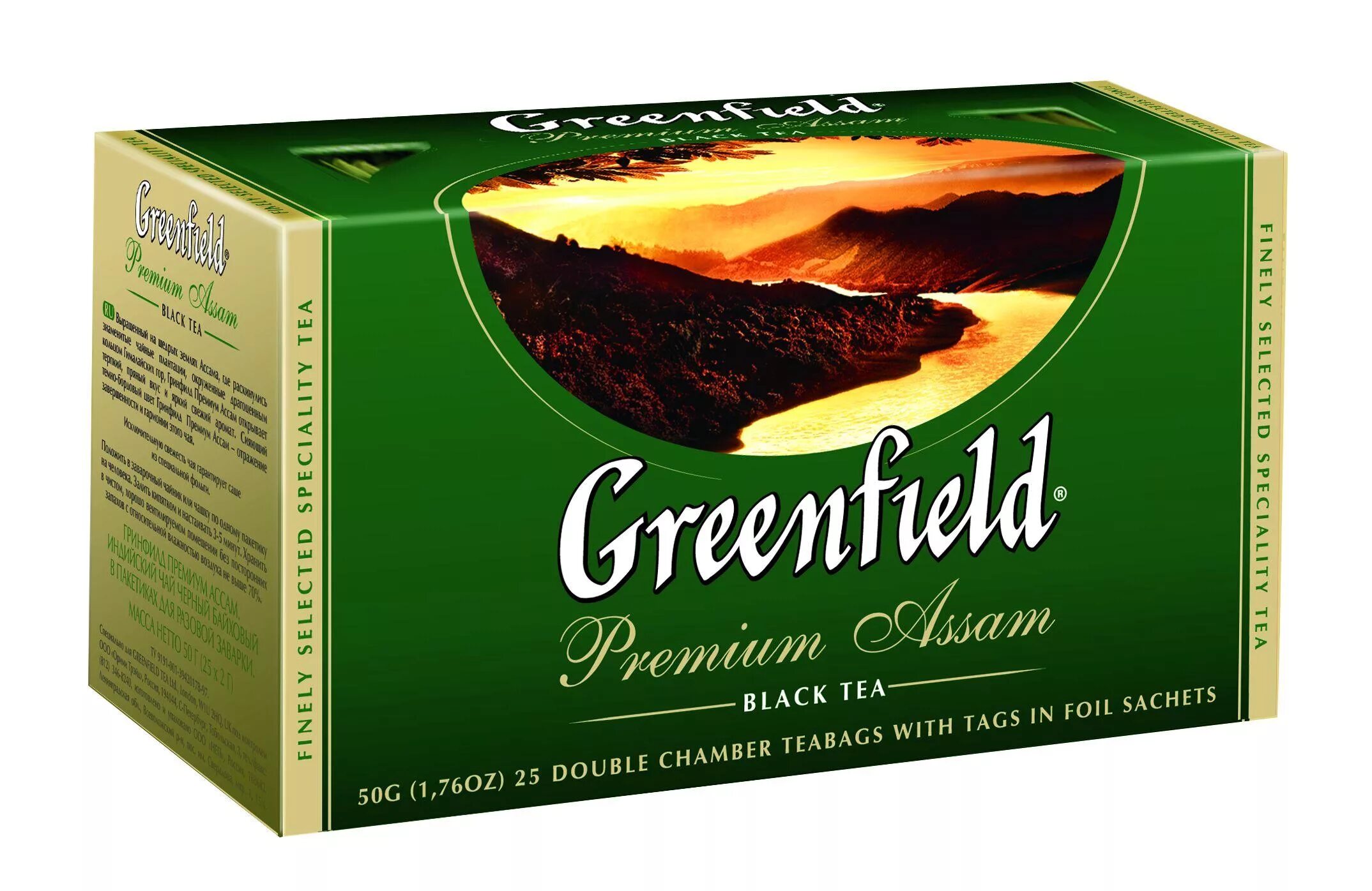 Черный чай в зеленой упаковке. Чай Гринфилд черный Premium Assam (индийский) 2г*25п*10, шт. Чай Гринфилд премиум Ассам 25пак. Чай Гринфилд 25 пакетиков. Чай Гринфилд индийский черный.
